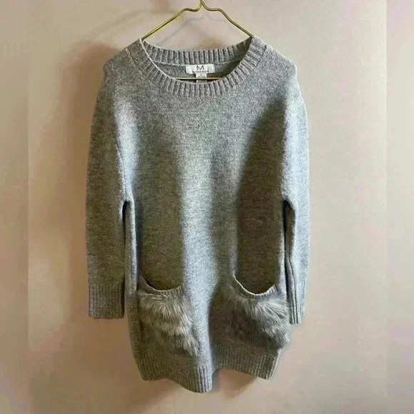 Magaschoni Dresses & Skirts - Magaschoni Grey Sweater/Dress With Fur Pockets Size S